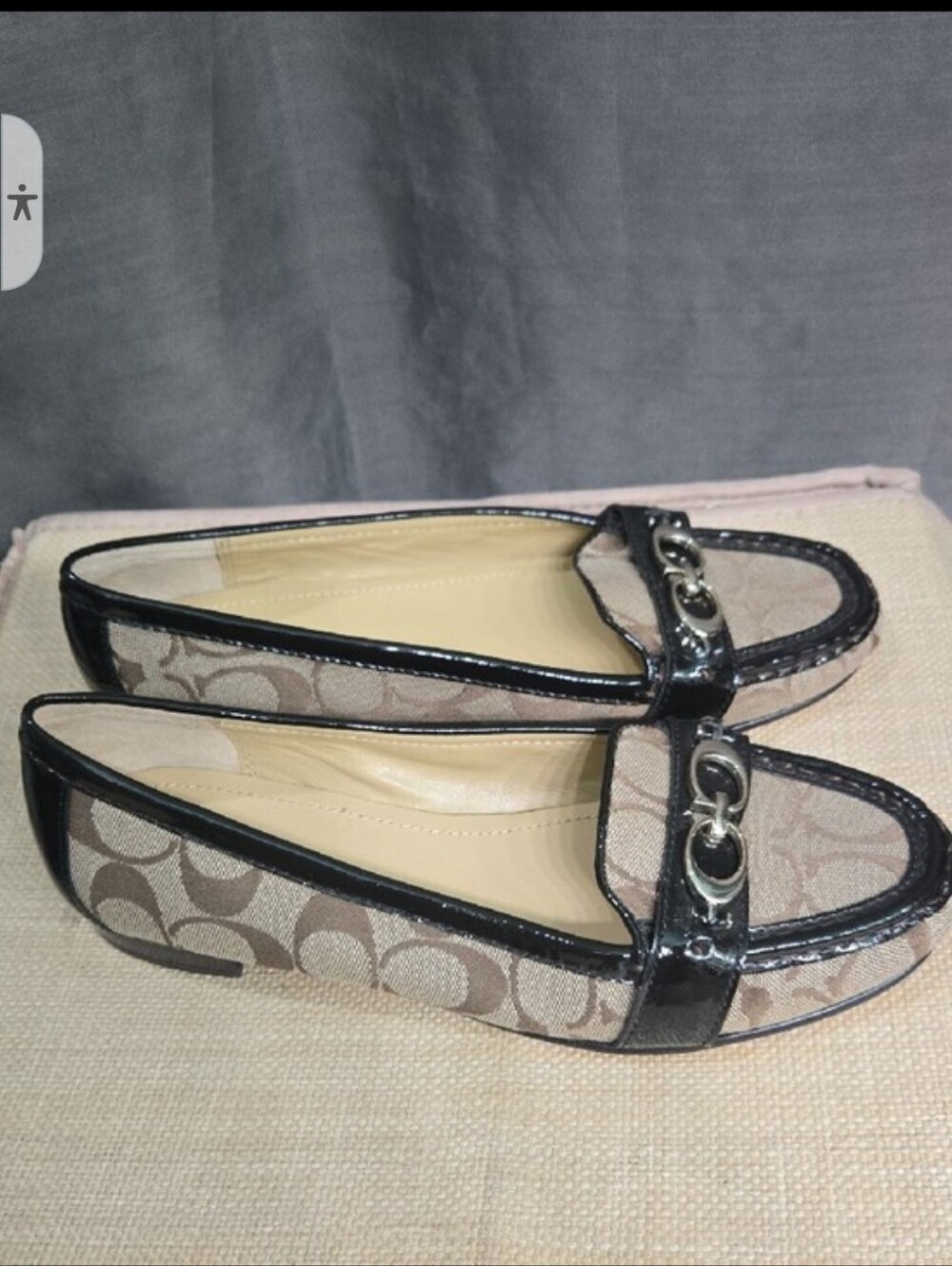 Coach Tan Signature Logo Loafers with Black Patent Trim